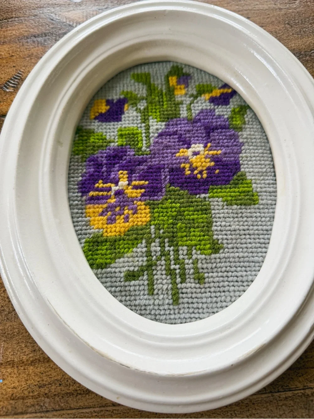 Framed Vintage Needlepoint Pansy Floral Art in Purple and Yellow